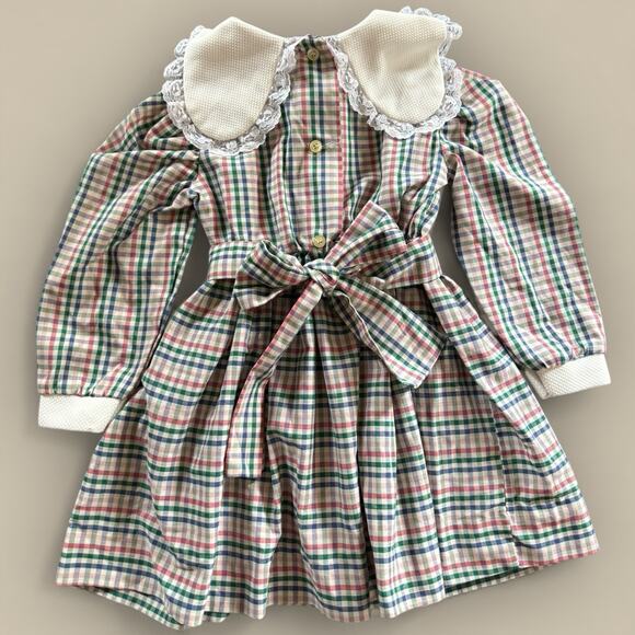 Vtg Dress Toddler Girl 4T Green Long Sleeve Lace Bib Collar Plaid Christmas Bow - Picture 3 of 6